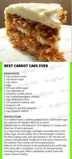 the recipe for carrot cake is shown in green and white