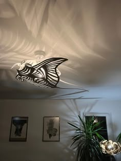 a room with white walls and pictures on the wall, including a ceiling light that is shaped like a fish