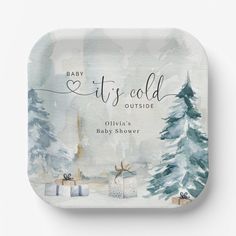 baby it's cold outside personalized paper plate with gift boxes and evergreen trees