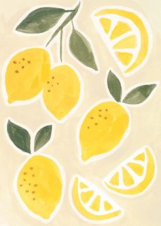 a painting of lemons with green leaves and orange slices on it's surface