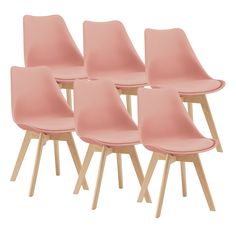 six pink chairs with wooden legs on a white background, set of four in front of each other