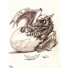 a drawing of a dragon sitting on top of an egg with its wings spread out