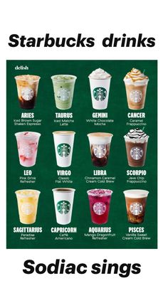 starbucks drinks with their names on them and the names for each drink in different cups