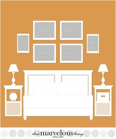 an orange and white bedroom with four pictures on the wall