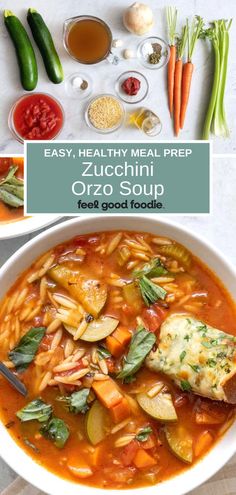 the recipe for zucchini orzo soup in a white bowl