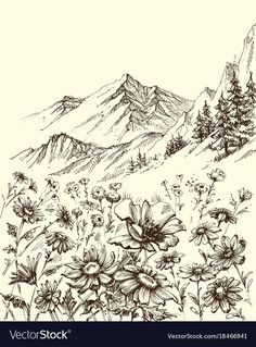 hand drawn mountain landscape with flowers and trees