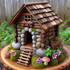 a small house made out of wood and rocks with flowers on the outside, sitting on top of a tree stump