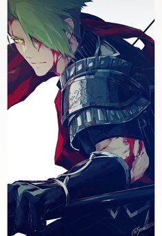 an anime character with green hair and armor