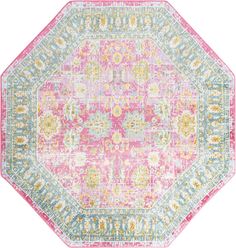 a pink, yellow and blue rug with an octagonal design on the center in pastel colors