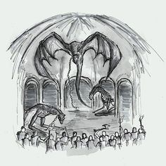 an ink drawing of two large dinosaurs in front of a group of people