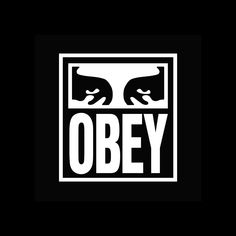 the obey logo is shown in white and black, with an image of two eyes