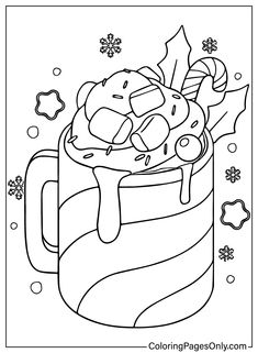 a coloring page with an image of a mug filled with ice and candy canes