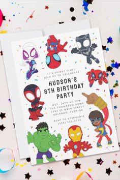 a birthday card with cartoon characters and confetti