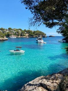 boats are floating in the clear blue water