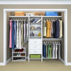 an open closet with clothes and shoes hanging on the shelves, next to a carpeted floor