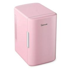 a pink mini fridge sitting on top of a white table