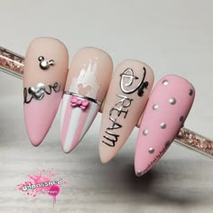 Disney World Nails Acrylic Simple, Nails With Disney Designs, Romantic Nail Designs, Cute Nail Art Designs Disney, Disney Cute Nails, Disneyland Acrylic Nails, Disney Valentine Nails, Disney Nail Art Ideas, Valentines Disney Nails