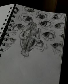 a pencil drawing of an eyeballed human being surrounded by eyes