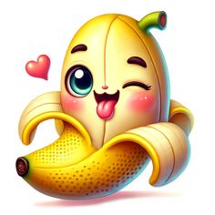 a cartoon banana with eyes and tongue sticking out from it's side, holding onto a banana peel