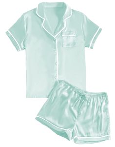 PRICES MAY VARY. Fabric: This satin 2piece pajamas set is made from high-quality satin, it's smooth, breathable and lightweight very comfortable for year round wear. Features: The silk sleepwear designed classic notch neck button front shirt top with chest pocket. And the short has comfy elastic waistband and adjustable drawstring and the loose fit and cozy style with beautiful detail that you can style from day to night. Unique design: Casual pajamas set is necessary for your around the house o Silk Pjs, Silk Sleepwear, Satin Shorts, Loose Fitting Tops, Satin Pajamas, Short Pajama Set, Button Front Shirt