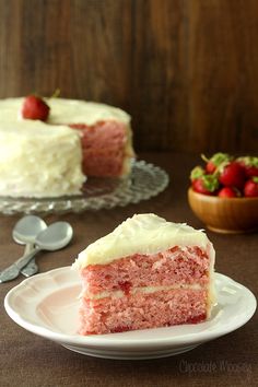 a slice of strawberry cake on a plate