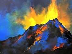 a painting of a mountain with orange and yellow flames coming out of it's top