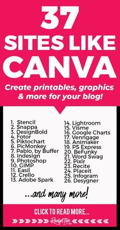 a pink and white poster with the words 37 sites like canva written in it