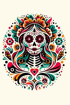 a sugar skull with colorful flowers on it's head and an ornate design in the middle