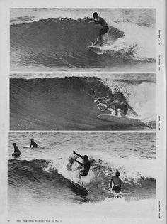 three pictures of surfers riding the waves in black and white, one is surfing