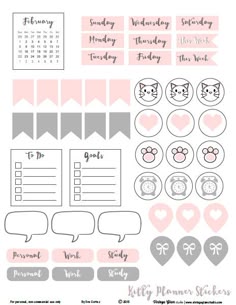 the planner stickers are pink, grey and white with cats on it's side