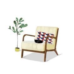 a chair with a pillow on it next to a potted plant