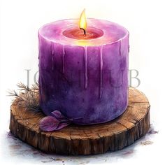 a purple candle sitting on top of a piece of wood next to a wooden slice