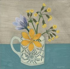 a painting of yellow and blue flowers in a white mug on a table with gray background