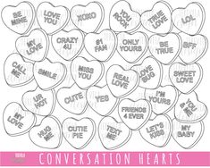 conversation hearts with the words conversation hearts on them in pink and white, surrounded by other conversation