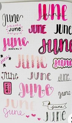 a notebook with some writing on it and the words june written in pink ink next to each other