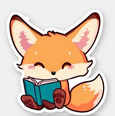 a sticker with an image of a fox reading a book on it's lap