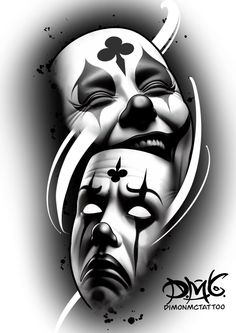 a drawing of a clown with his face painted black and white