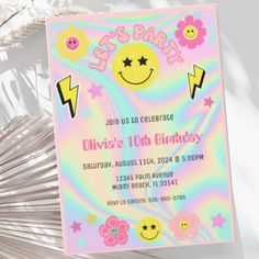 a birthday party card with smiley face and stars on the front, in pastel colors