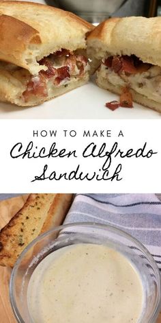 chicken alfredo sandwich cut in half on a cutting board with a bowl of ranch dressing next to it