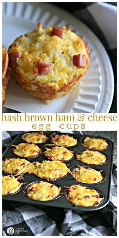 hash brown ham and cheese egg cups on a white plate next to a muffin tin