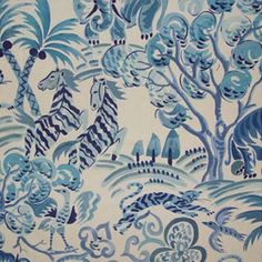 a blue and white wallpaper with trees and animals