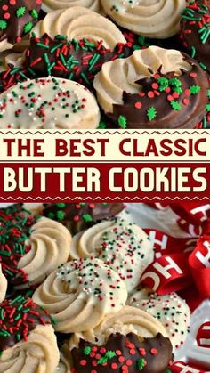 the best classic christmas butter cookies are on display in front of red and white bows