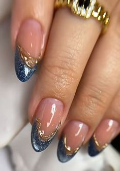 Hailey Bieber Nails With Design, French Blue Nails Design, New Years Gel X Nails, Magnetic Nails French Tip, Navy Blue And Brown Nails, Oppenheimer Nails, Short Structured Manicure, Simple Festival Nails, Blue Nails New Years