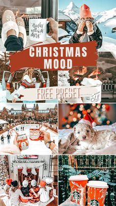 christmas mood collage with coffee cups and people on the snow covered ground in winter