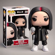 a pop vinyl figure is holding a microphone in front of a box that says,'billie 22 '