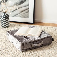 an open book sitting on top of a cushion