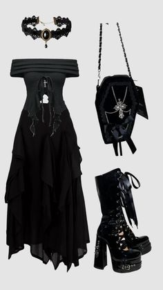 Black Gothic Outfit Witchcore Aesthetic Outfits, Black Gothic Outfit, Witchy Dresses, Trad Goth Outfits, Gothic Outfit, Goth Outfit Ideas, Earthy Outfits