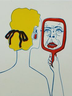 a drawing of a woman holding a mirror with her face in front of the mirror