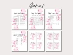 the baby shower game is shown with pink bubbles and dots on it, along with instructions for