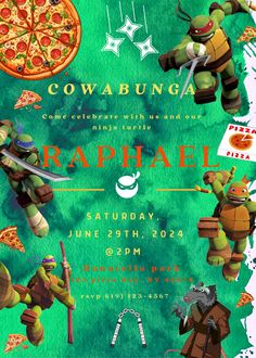 an image of a flyer for a pizza party with turtles and ninjas on it